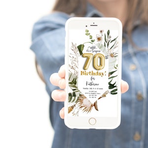 Invito elettronico a sorpresa per il 70° compleanno con tema botanico Gold Greenery, invito di compleanno con tema botanico floreale, invito SMS per smartphone, pe1