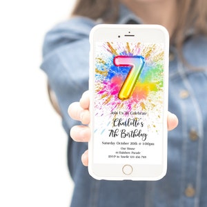 7th Rainbow Paint Splash Birthday EVITE Editable Colorful Bright Painting Party Birthday Invitation, paint splash1