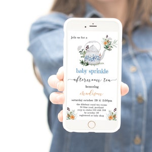 Baby Sprinkle Afternoon Tea Evite Electronic Invitation Blue Floral Boy Baby Shower Fall Evite Electronic Digital Invitation