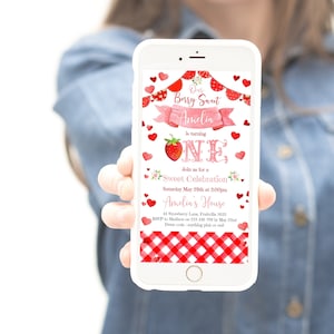 Berry Sweet First Birthday Strawberry Invitation Girl, One Evite Pink Floral Strawberry 1st Birthday Invites Editable, sb1
