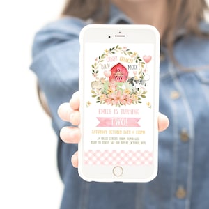 Farm 2nd Birthday Evite Invite Girl 2nd birthday Baa Oink Quack Moo Animal Phone Invite Any Age, Pig, Cow, Duck, Sheep, f2