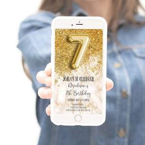 7th Birthday Invitation Girl, Gold Marble Glitter Foil Birthday Evite Girl, Smartphone Text Invite, fg1