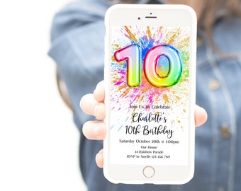 10th Rainbow Paint Splash Birthday EVITE Editable Colorful Bright Painting Party Birthday Invitation, paint splash