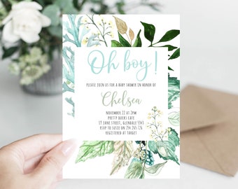 Oh Boy Invitation Greenery, Baby Shower Invitations Printable Editable, Digital Download Boy Baby Shower Invite, Botanical Invitation Boy