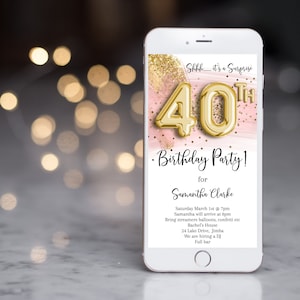 Editable Surprise 40th Birthday Birthday Evite Electronic Invitation, Gold Blush Pink Glitter Birthday Invite Girl, Smartphone Text pinkg1