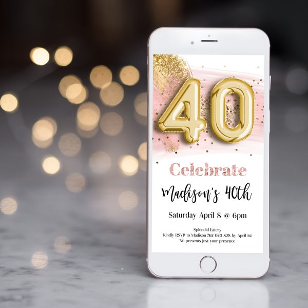 Editable 40th Birthday Evite Electronic Invitation, Gold Blush Pink Glitter Birthday Invite Girl, Smartphone Text Invite pinkg1