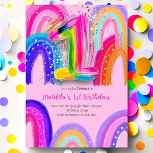 Rainbow First Birthday Invitation, Editable Girl Party Invite, 1st Birthday Invite, Instant Download, Watercolour Glitter, Editable Template