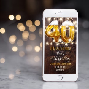 40th Birthday Beer Invitation Mens Birthday Evite Electronic Invitation, Lights Wood 40th Birthday Invite Boyfriend Husband Male evite, bev1
