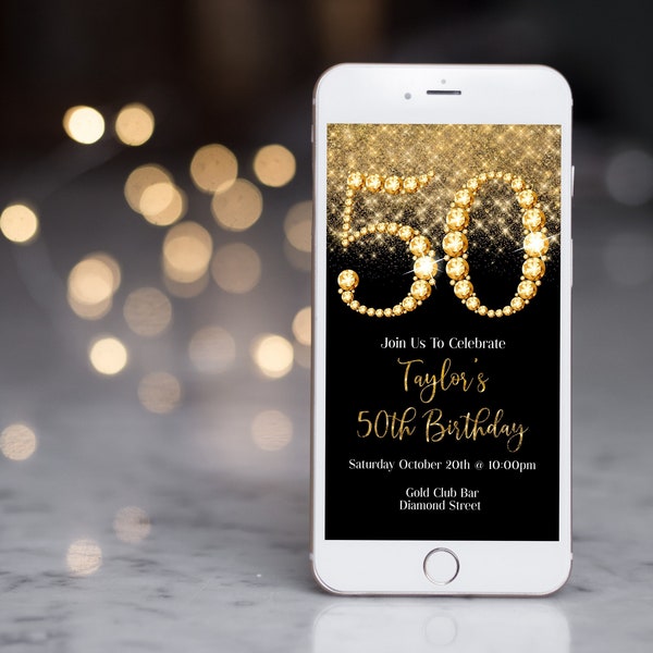 Gold Glitter 50th Birthday Evite Diamonds Digital Electronic Birthday Phone Invite, gdg1