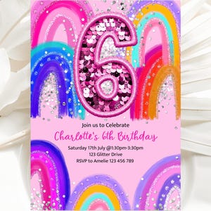 6th Birthday Invitation Pink, 6th Rainbow Birthday Editable Invite, Sequin Rainbow Party Invite, Printable Editable Template