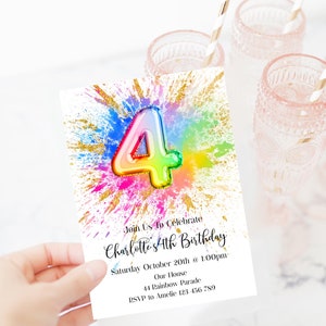 4th Rainbow Printable Birthday Invitation Editable Colorful Bright Painting Party Birthday Invitation, paint splash