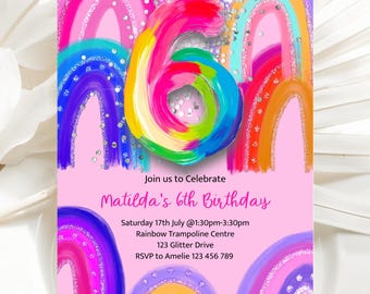 Invitación de cumpleaños arcoíris para niña de 6 años, Invitación editable de cumpleaños arcoíris, Invitación de cumpleaños arcoíris para niña de 6 años, Plantilla imprimible y editable