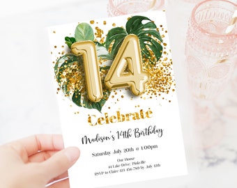 14th Birthday Invite Girl Greenery Editable Invite Monstera Tropical Gold Glitter Jungle Birthday Invitation, 14th Birthday, tg1