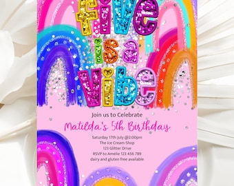 Five is a Vibe Birthday Invitation, 5th Birthday Editable Invite Pink Rainbow Invitation Glitter Birthday Invite Printable Editable Template