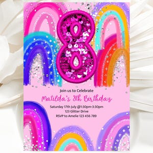 8. Geburtstagseinladung Mädchen, Regenbogen-Geburtstags-bearbeitbare Einladung, 8. Regenbogen-Party einladen, druckbare bearbeitbare Vorlage