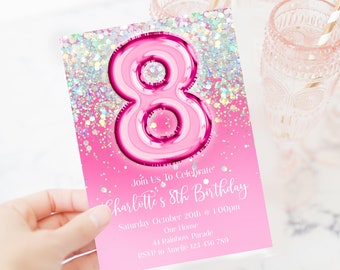 8th Birthday Invitation Editable Pink Glitter Birthday Invitation, Hot Pink Holographic Editable invite, brph1