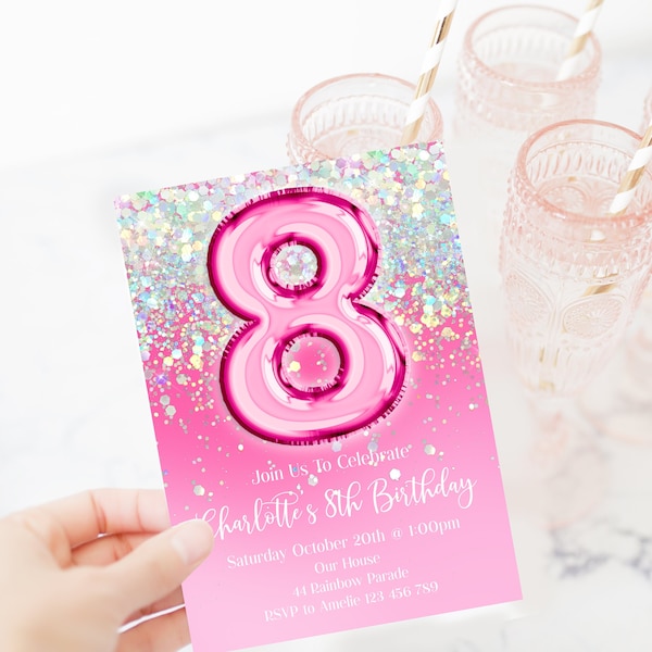 8th Birthday Invitation Editable Pink Glitter Birthday Invitation, Hot Pink Holographic Editable invite, brph1