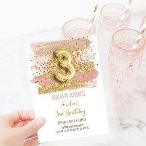 Pink Gold Glitter 3rd Birthday Invitation Girl, Gold Glitter Neutral Pink Birthday Girl Invite, moi1