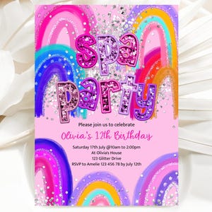 Spa Party Birthday Invitation Pink, Spa Party Editable Rainbow Sequin Birthday Invite, Tween Birthday Party, Glam Party, Glitter Party