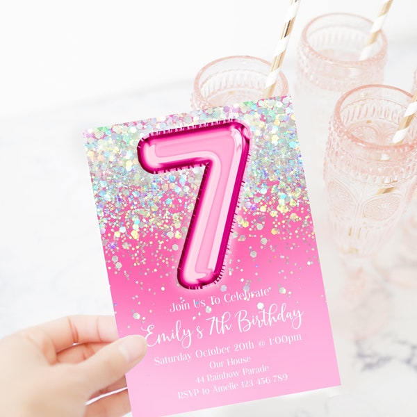 7th Birthday Glitter Birthday Invitation, Hot Pink Holographic Editable invite, brph1