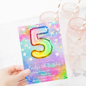 5th Birthday Invitation Editable Pink Stars Birthday Invitation, Rainbow Holographic Editable invite, rainbost1