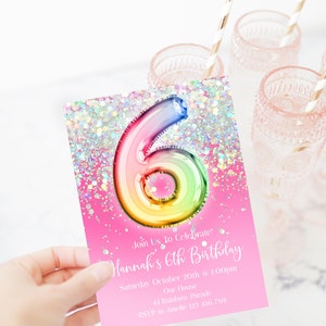 6th Birthday Invitation Editable Pink Glitter Birthday Invitation, Rainbow Holographic Editable invite, hohp1