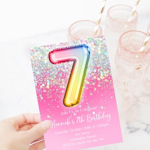 7th Birthday Invitation Editable Pink Glitter Birthday Invitation, Rainbow Holographic Editable invite, hohp1