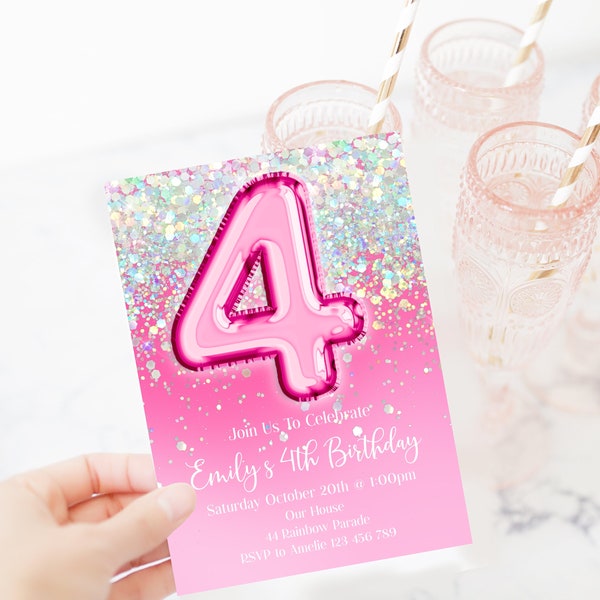 4th Birthday Invitation Editable Pink Glitter Birthday Invitation, Hot Pink Holographic Editable invite, brph1