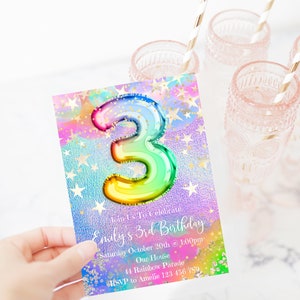 3rd Birthday Invitation Editable Pink Stars Birthday Invitation, Rainbow Holographic Editable invite, rainbost1