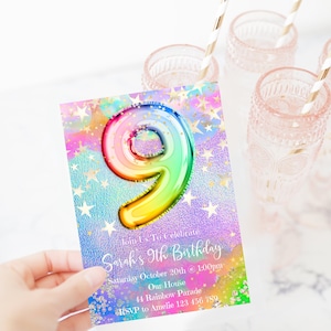 9th Birthday Invitation Editable Pink Stars Birthday Invitation, Rainbow Holographic Editable invite, Paperless Post, rainbost1