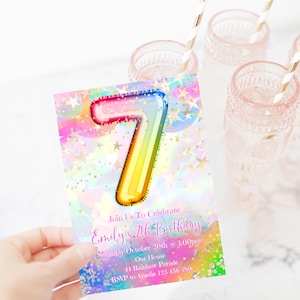 7th Birthday Invitation Editable Pink Stars Birthday Invitation, Rainbow Holographic Editable invite, LAC2RS1