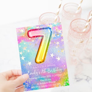 7th Birthday Invitation Editable Pink Stars Birthday Invitation, Rainbow Holographic Editable invite, Paperless Post, rainbost1