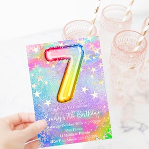 7th Birthday Invitation Editable Pink Stars Birthday Invitation, Rainbow Holographic Editable invite, rainbost1