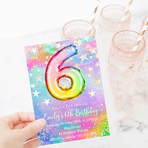 6th Birthday Invitation Editable Pink Stars Birthday Invitation, Rainbow Holographic Editable invite, rainbost1
