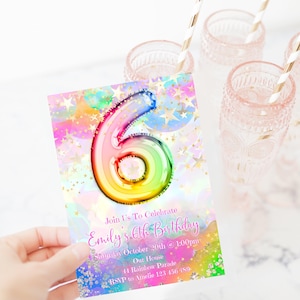 6th Birthday Invitation Editable Pink Stars Birthday Invitation, Rainbow Holographic Editable invite, LAC2RS1