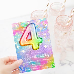 4th Birthday Invitation Editable Pink Purple, Stars Birthday Invitation, Rainbow Holographic Editable invite, rainbost1