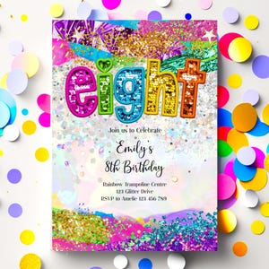 8th Birthday Invitation Girl, Sequin and Glitter Party, 8th Birthday Editable Invite, Jumping Birthday Invitation