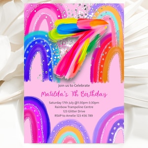 7th Rainbow Birthday Invitation, Rainbow Birthday Editable Invite, 7th Birthday Invitation Girl, Printable Editable Template