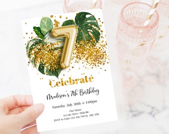 Jungle 7th Birthday Invitation Editable Invite Monstera Tropical Gold Glitter Jungle Birthday Invitation, 7th Birthday, tg1