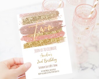 2nd Birthday Invitation Girl, Pink Gold Glitter Neutral Pink Birthday Girl Invite, msi1