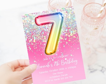 7e verjaardagsuitnodiging bewerkbare roze glitter verjaardagsuitnodiging, regenboog holografische bewerkbare uitnodiging, hohp1