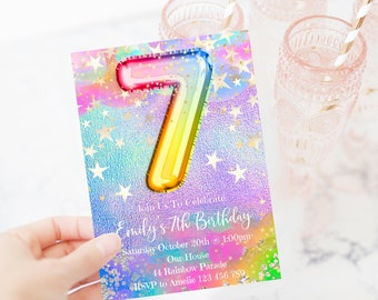 7th Birthday Invitation Editable Pink Stars Birthday Invitation, Rainbow Holographic Editable invite, Paperless Post, rainbost1