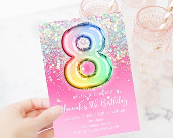 8th Birthday Invitation Editable Pink Glitter Birthday Invitation, Rainbow Holographic Editable invite, hohp1