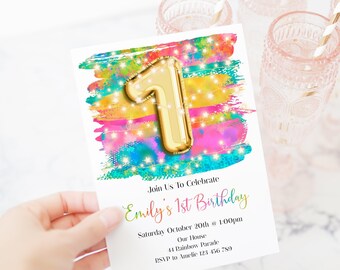 1st Birthday Invitation Editable Pink Fairy Lights Birthday Invitation, Rainbow Editable invite, rsbg1