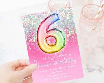 6. Geburtstagseinladung bearbeitbar rosa Glitzer-Geburtstagseinladung, Regenbogen holographisch bearbeitbare Einladung, hohp1