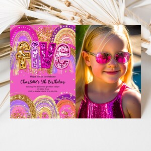 Inbjudan till foto för 5-årsdag, redigerbar inbjudan till 5-årsdag med regnbågsfärgade glitterpaljetter och paljetter, utskrivbar och redigerbar mall