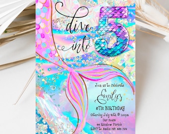 Dive into Five 5th Birthday Mermaid Invitation Purple Blue Pink Under The Sea Invite Glitter Editable Birthday Invite, Holographic, LACU1