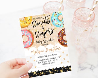 Gender Neutral Coed Editable Donuts and Diapers Baby Sprinkle Invitation Coed Shower Hearts Donuts Invitation Printable Download Corjl