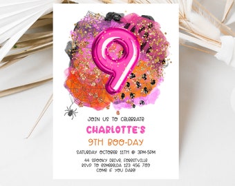 9th Birthday Halloween Pink Birthday Boo-Day Party Invitation, Halloween Kids Invitation, SG1