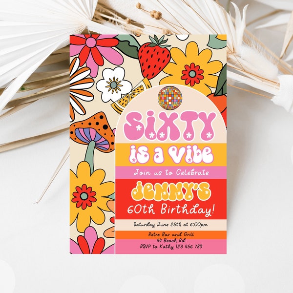 60th Birthday Invitation, Retro Sixty Invite, 70s Invitation, 60th Birthday Retro Disco invitation,r1